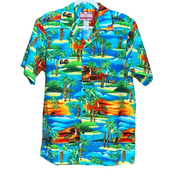 RJC Hawaiian Beach Front Palm Trees Tiki Print Shirt Size M. - Picture 2 of 4